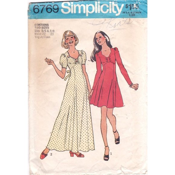 Vintage Sewing PATTERN Simplicity 6769, Young Junior Teens 1974 Dress, Size 5 6 - Picture 1 of 2